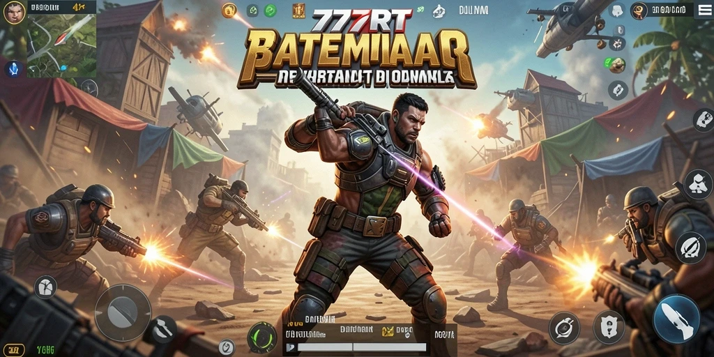 Screenshot gameplay 777RT menampilkan aksi pertempuran Battle Royale yang mendebarkan.