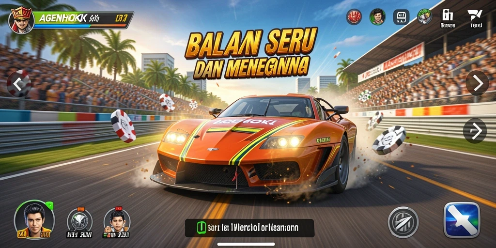 Screenshot gameplay AGENHOKI menampilkan aksi balapan yang mendebarkan.