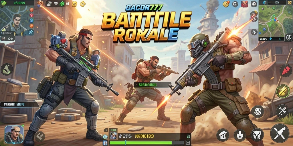 Screenshot GACOR777 menampilkan aksi intens di medan pertarungan Battle Royale.