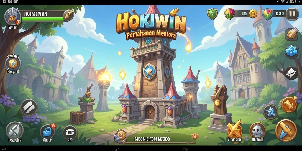 Screenshot gameplay HOKIWIN yang menunjukkan aksi seru pertahanan menara.