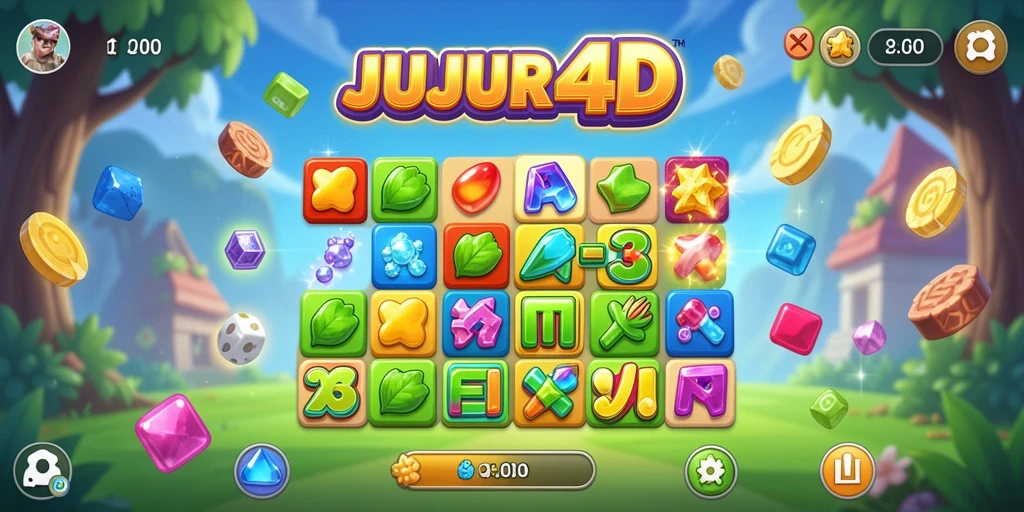 Gameplay JUJUR4D menampilkan kombinasi warna-warni yang indah.