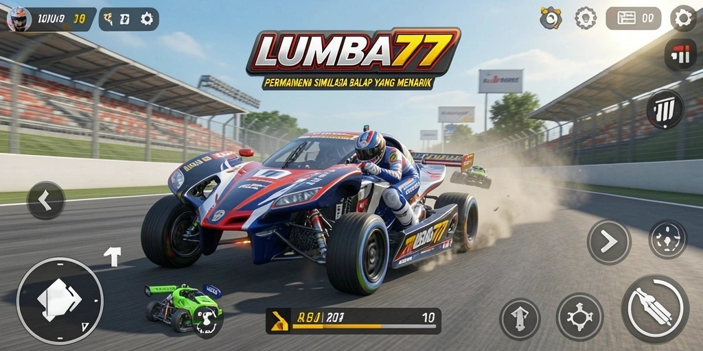 Tampilan gameplay seru dalam LUMBA77 dengan mobil balap yang beraksi di lintasan.