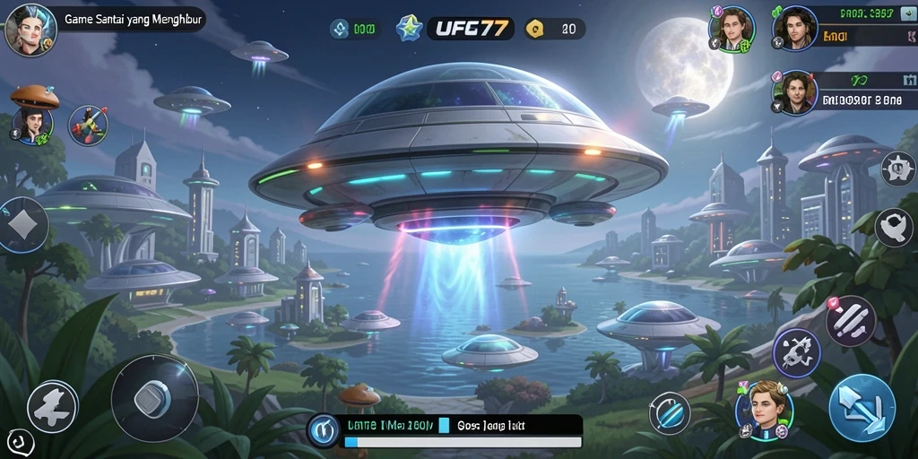 Screenshot gameplay UFO77 dengan karakter yang lucu dan berwarna-warni.
