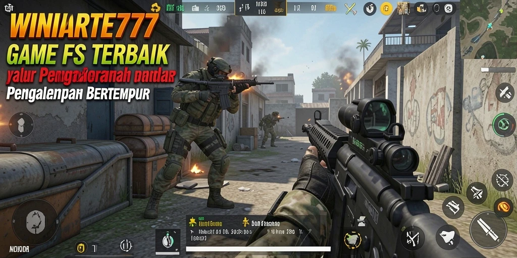 Menampilkan gameplay intens dari <strong>WINRATE777</strong> di arena pertarungan FPS.